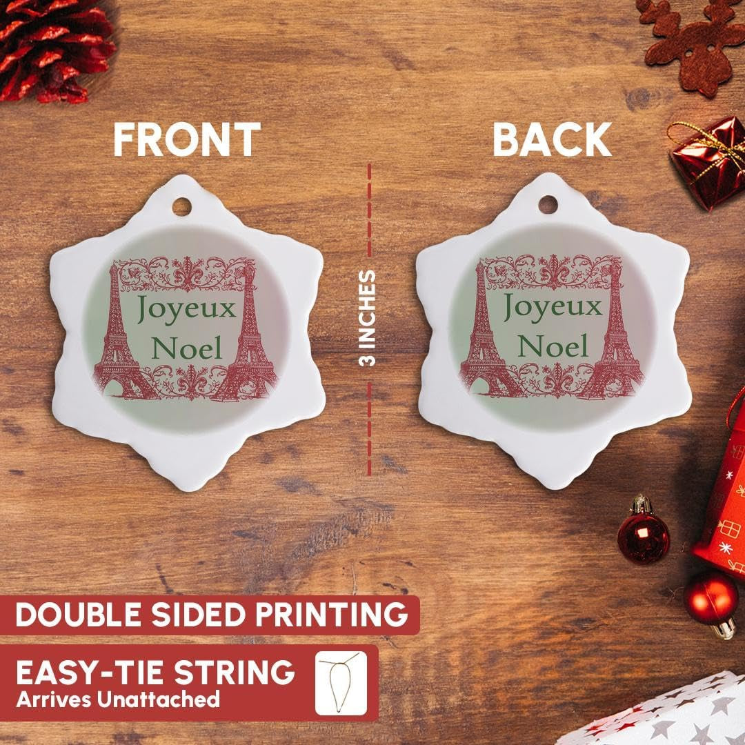 ORN_152141_1 Joyeux Noel Eiffel Towers French Merry Christmas Porcelain Snowflake Ornament, 3-Inch