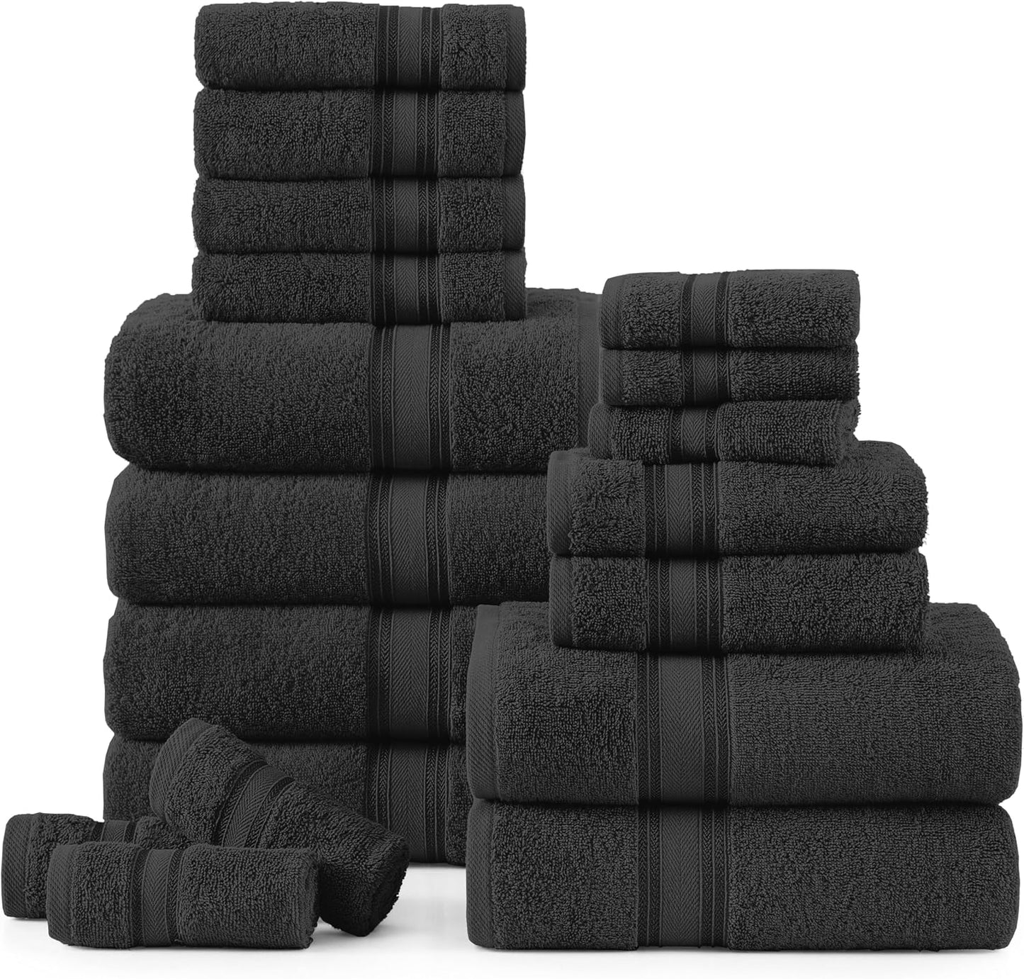 Luxury Bath Towels Set- 100% Cotton Bathroom Towels, Zero Twist, Quick Dry Shower Towel, Extra Aborbent Bath Towel, Super Soft, 6 Bath Towels, 6 Hand Towels, 6 Wash Cloths - Black (18 PC)
