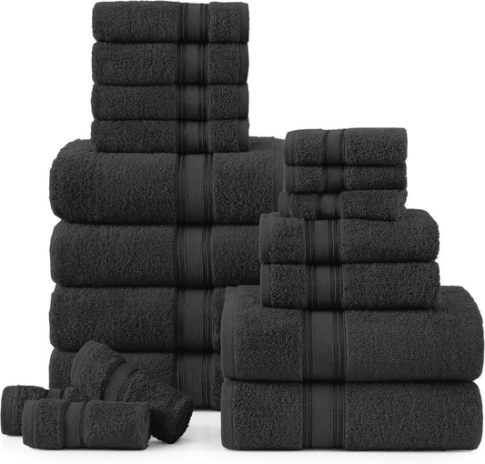 Luxury Bath Towels Set- 100% Cotton Bathroom Towels, Zero Twist, Quick Dry Shower Towel, Extra Aborbent Bath Towel, Super Soft, 6 Bath Towels, 6 Hand Towels, 6 Wash Cloths - Black (18 PC)