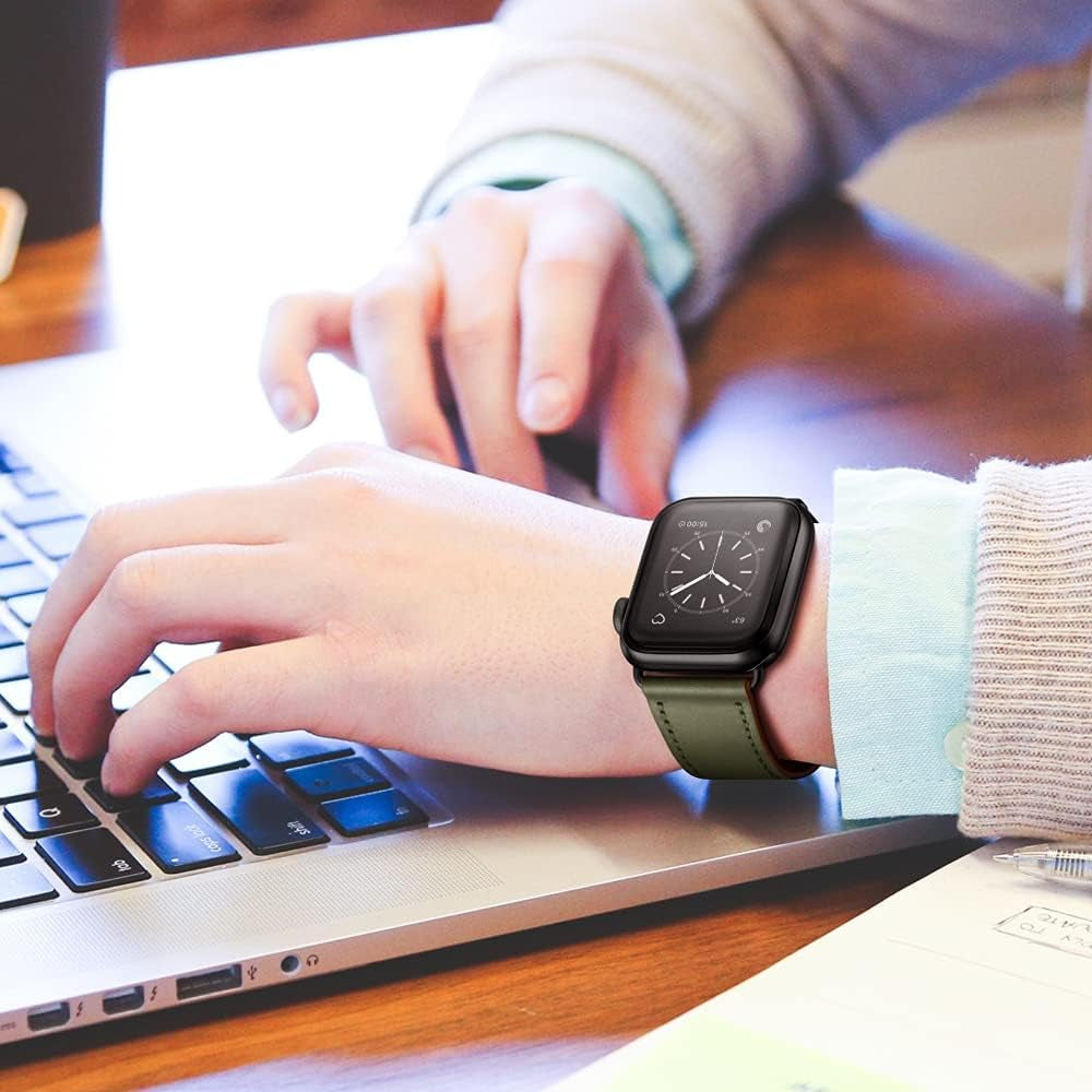 Compatible with Apple Watch Band 41Mm 40Mm 38Mm, Genuine Leather Band Replacement Strap Compatible with Apple Watch Series 9/8/7/6/5/4/3/2/1/SE2/SE, Army Green Band with Black Adapter