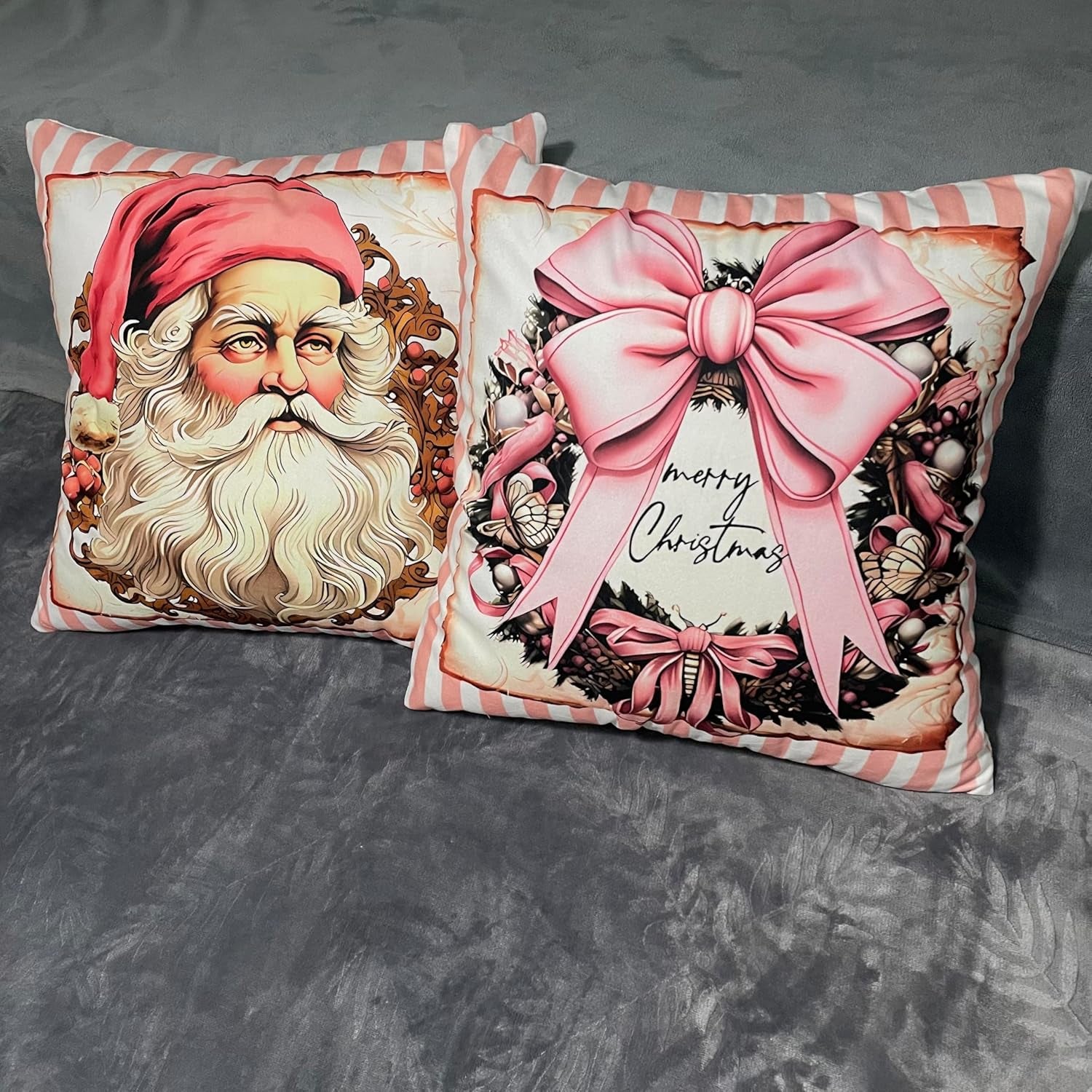 Christmas Pillow Covers Pink 18X18 Set of 4, Soft Short Pile Velour Holiday Throw Pillow Cover, Pink Christmas Decor Christmas Decorations Santa Claus Decor Cushion Cover for Home Sofa