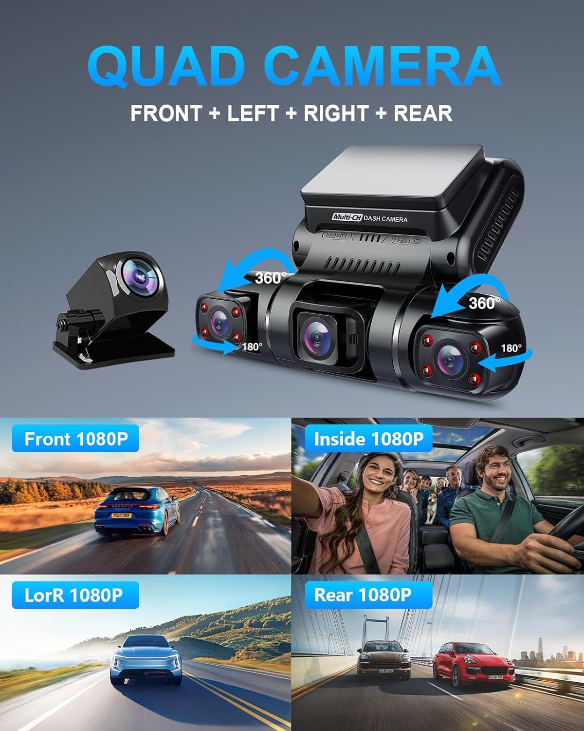 360 Degree View 4 Channel Dash Cam Front and Rear inside Left Right, Dash Camera for Cars, Built-In GPS Wifi Night Vision, 24/7 Recording Parking Mode Monitor, Free 128G Card