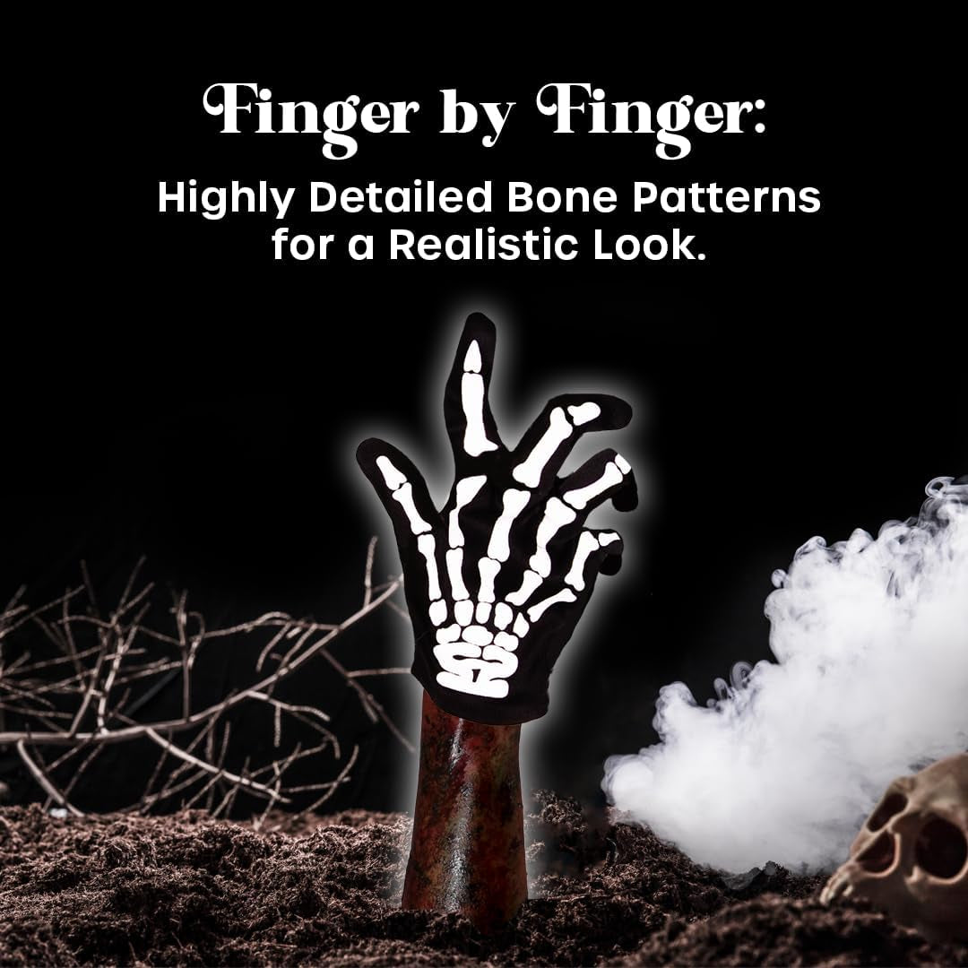 Skeleton Gloves, Skeleton Gloves Men, Reaper Gloves, Bone Gloves, Scary Halloween Costumes Skeleton Gloves, Stretchable Kids Halloween Skull Gloves, White Printed Skeleton Bones Black Gloves