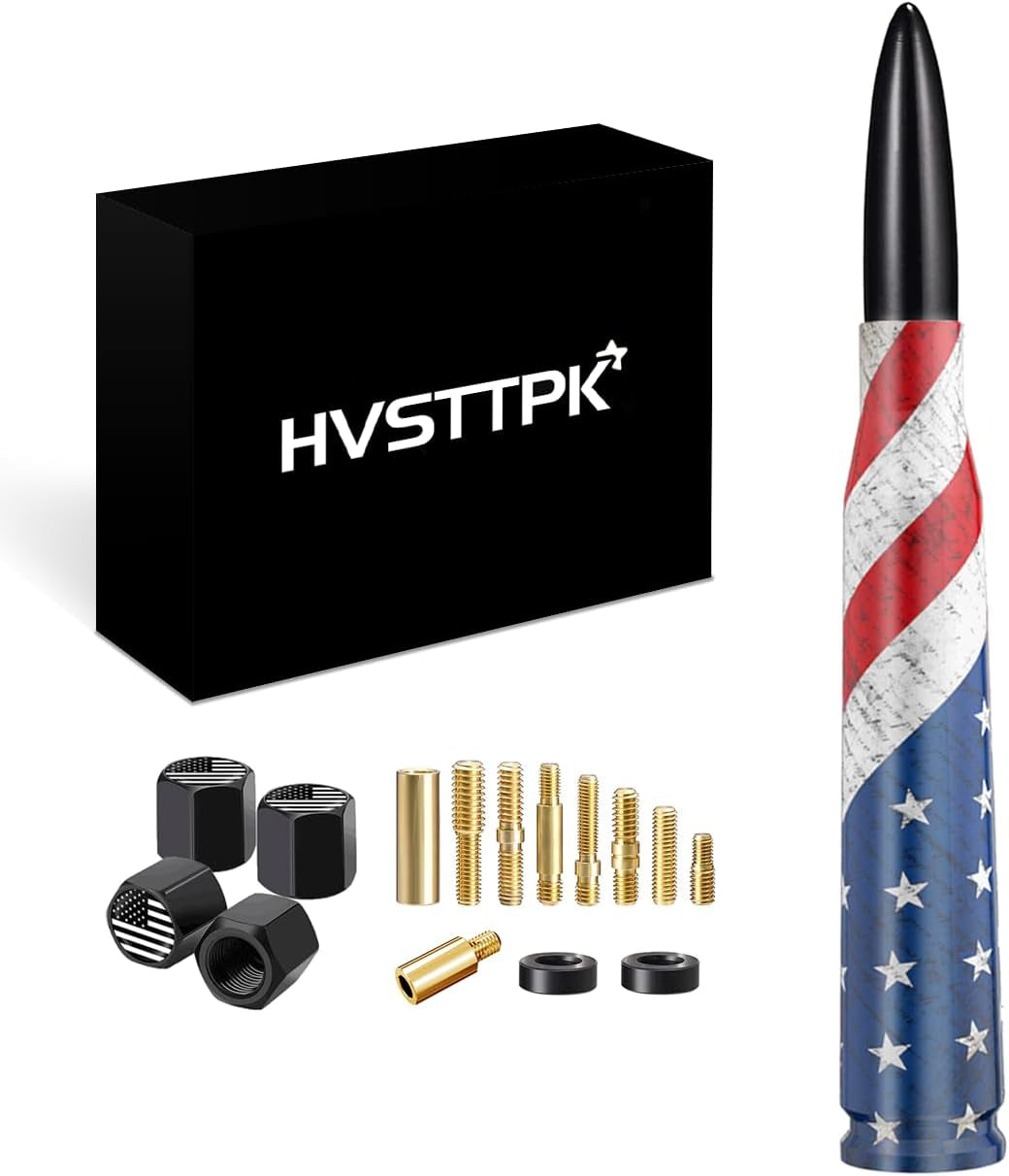 American Flag Car Truck Antenna with Valve Stem Caps, Universal Mast for GM Chevy Silverado 1500 2500 3500 HD Avalanche Ford F150 F250 F350 Denali Heavy Duty Pickup Trucks Accessories (Black)