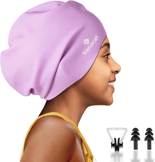 Kids Extra Large Swim Cap for Long Hair, Waterproof Silicone Swimming Caps for Boys Girls Children Youth Teen, Large Swim Hat for Long Thick Curly Hair & Dreadlocks Braids Weaves Afro Hair