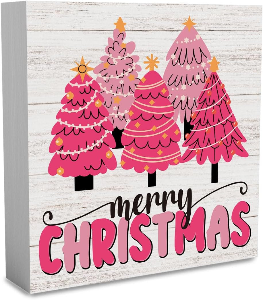Pink Christmas Sign Pink Christmas Decorations Pink Christmas Tree Sign Merry Christmas Sign for Table Christmas Signs for Home Office Shelf Cubicle Decoration 5 X 5 Inches