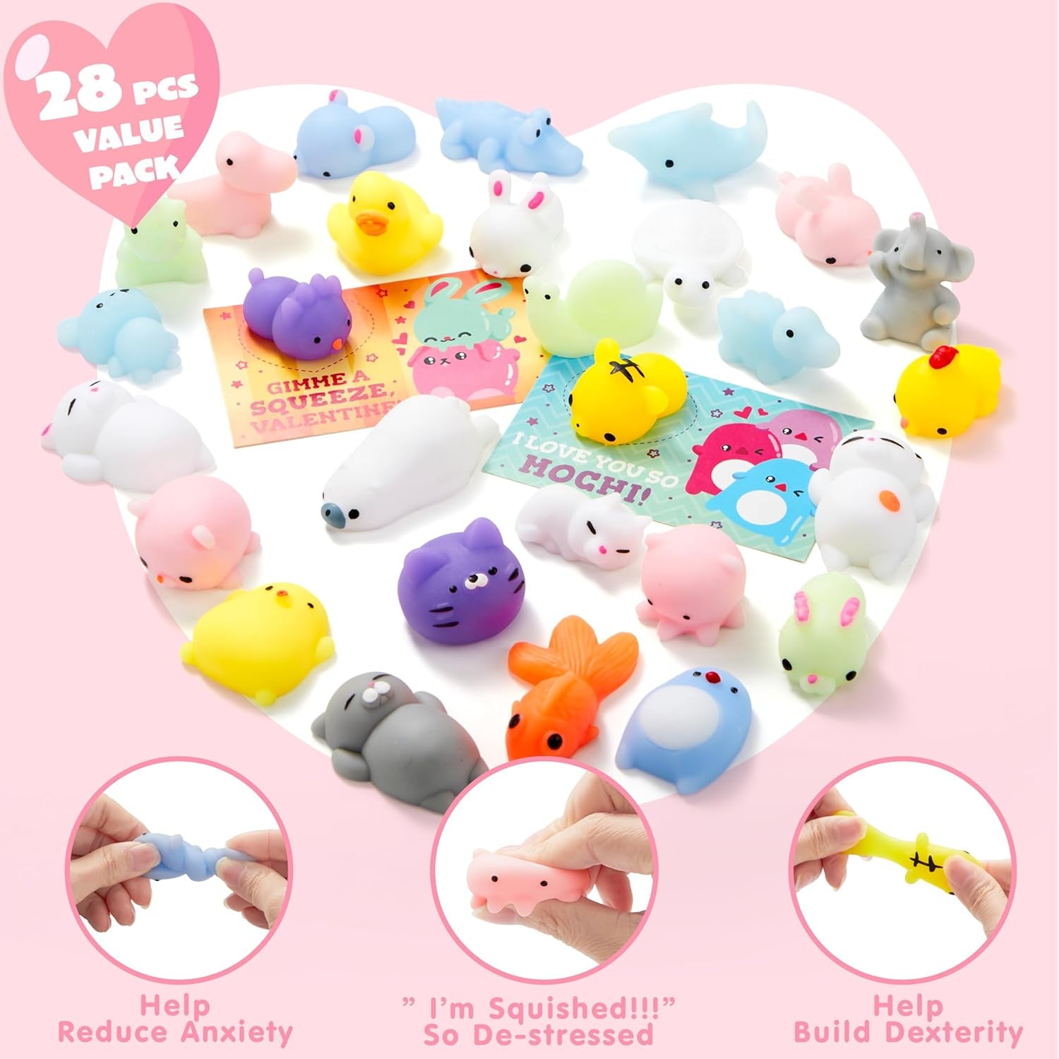 28 Packs Valentines Day Squishy Toy Gift Cards for Kids, Kawaii Mochi to Squeeze with Cards, Mochi Squishy Toy Stress Relief Fidget Toy for Kids Classroom Exchange Prizes Valentine Party Favor