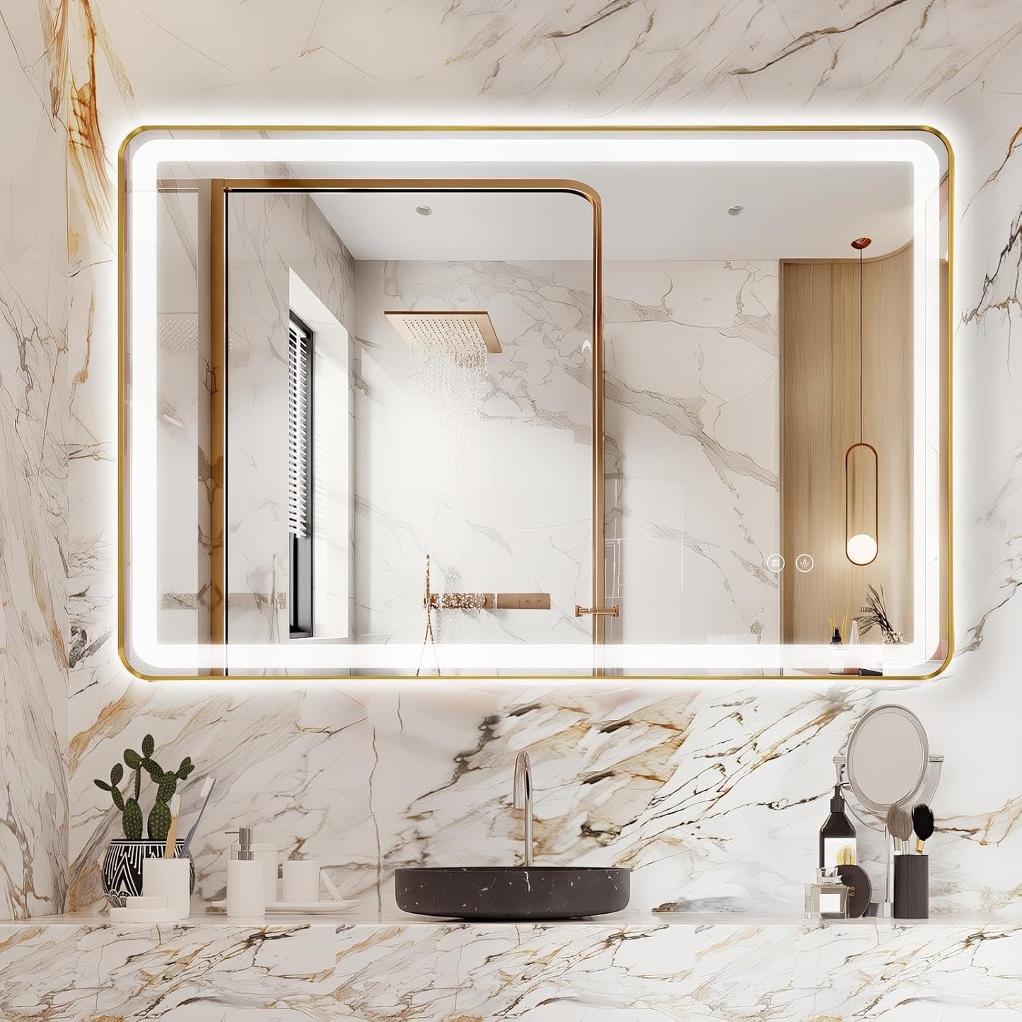 Rectangle LED Bathroom Mirror, 30"X22" Anti-Fog Double Touch Lighted Wall Vanity Mirror 45° Beveled Metal Frame Stepless Adjustable Color Temperature Smart Mirror 3000K-6000K, Gold