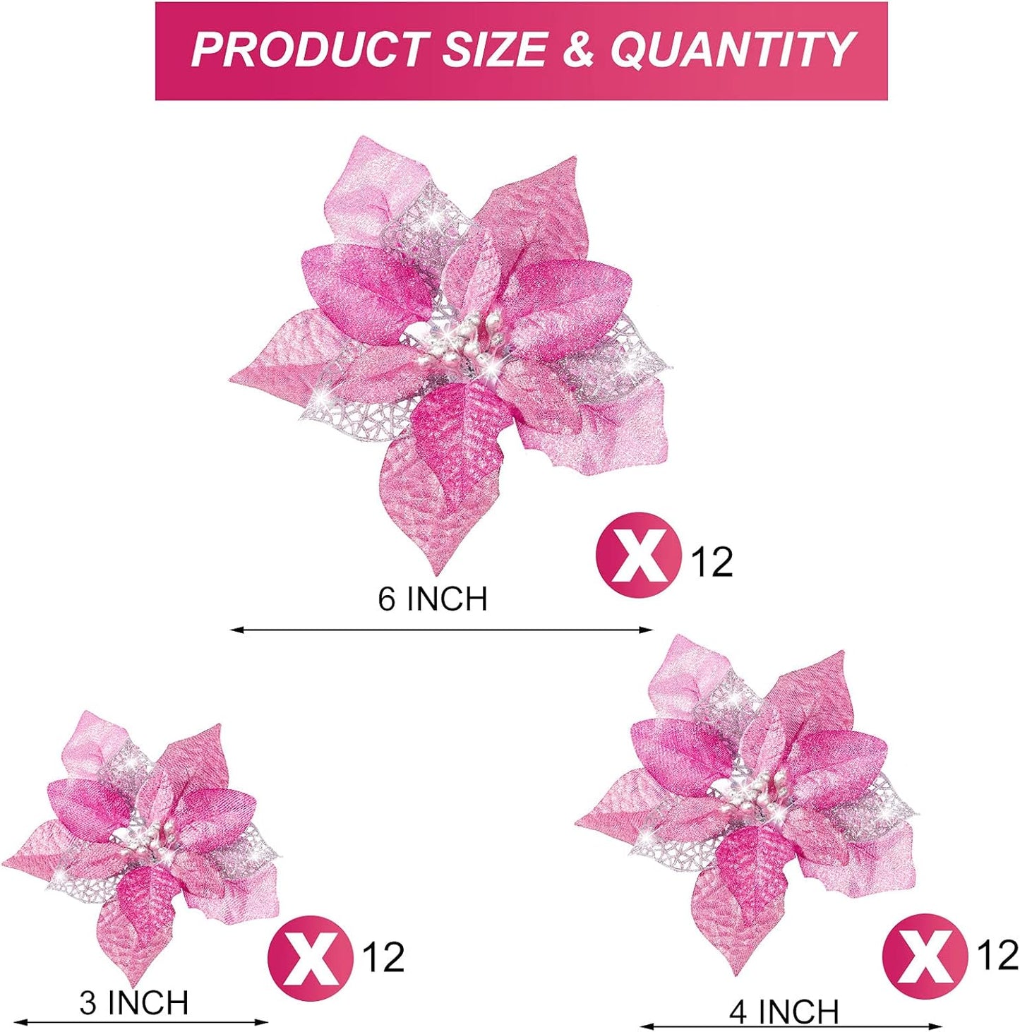 36 Pieces Christmas Poinsettia Glitter Faux Flowers Christmas Artificial Flowers Tree Ornaments Topper Xmas Decorations(Pink)