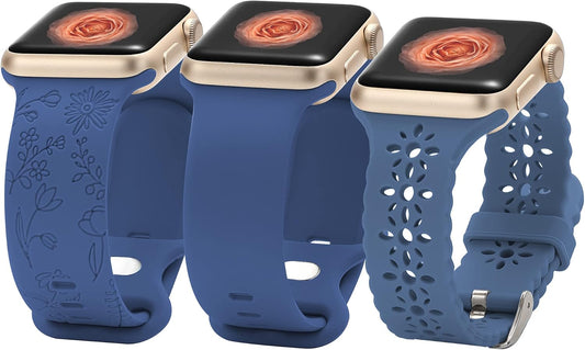 3Pack Silicone Bands Compatible with Watch Band 38Mm 40Mm 41Mm 42Mm 44Mm 45Mm, Flower Engraved Bands Lace Bands Floral Laser Printed Soft Silicone Sport Strap Compatible with Iwatch Series 7 6 5 4 3 2 1 SE