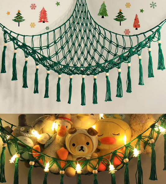 Stuffed Animal Toy Storage Hammock with LED Light - Macrame Jumbo Doll Corner Stuff Animals Organizer Decorations - Cute Plushie Net Kids Baby Nursery Bedroom Room Decor Christmas Green