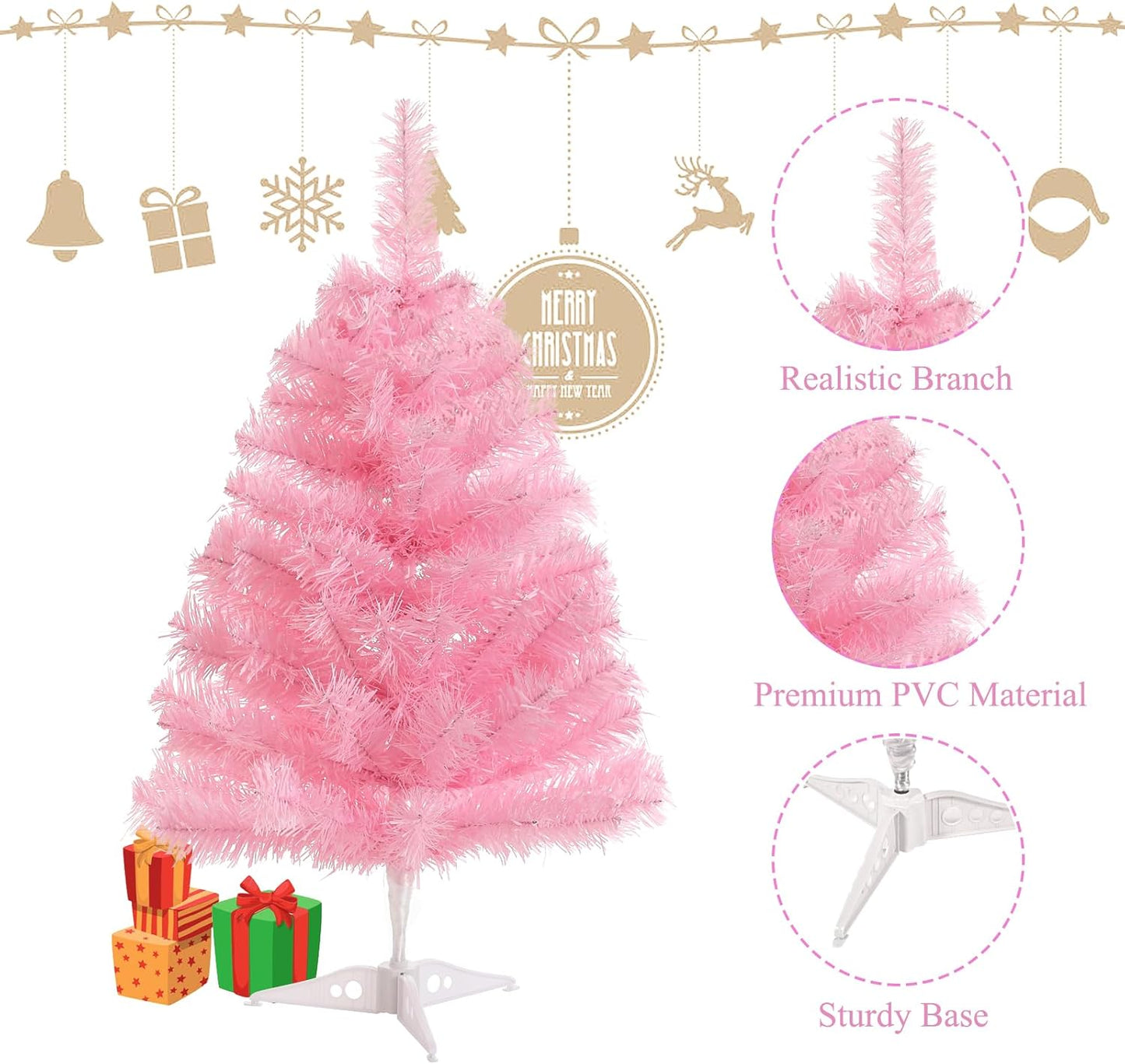 2FT Artificial Christmas Tree Pink Tabletop Christmas Tree with Plastic Stand Mini Xmas Pine Tree for Party Supplies Indoor Outdoor Holiday Home Decoration