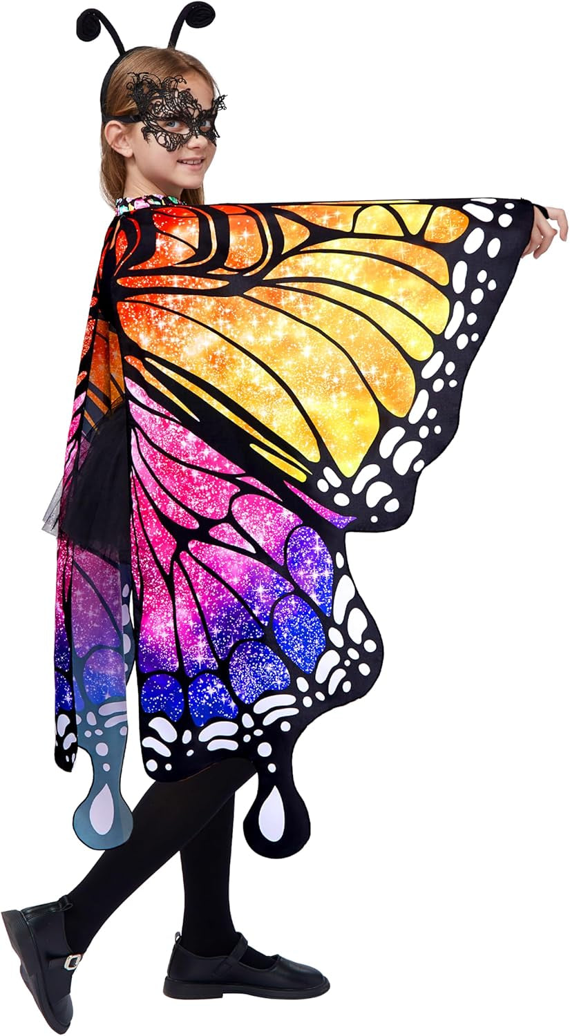Starry Butterfly Wing, Butterfly Costume Kids for Halloween Costume Girls with Butterfly Shawl, Black Hairband and Eye Mask