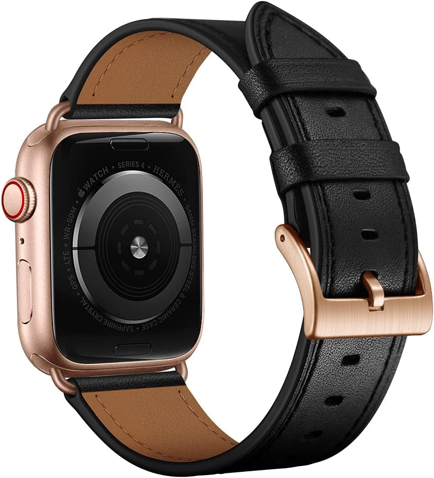 Compatible with Apple Watch Band 41Mm 40Mm 38Mm, Genuine Leather Band Replacement Strap Compatible with Apple Watch Series 9/8/7/6/5/4/3/2/1/SE2/SE, Black Band with Rose Gold Adapter