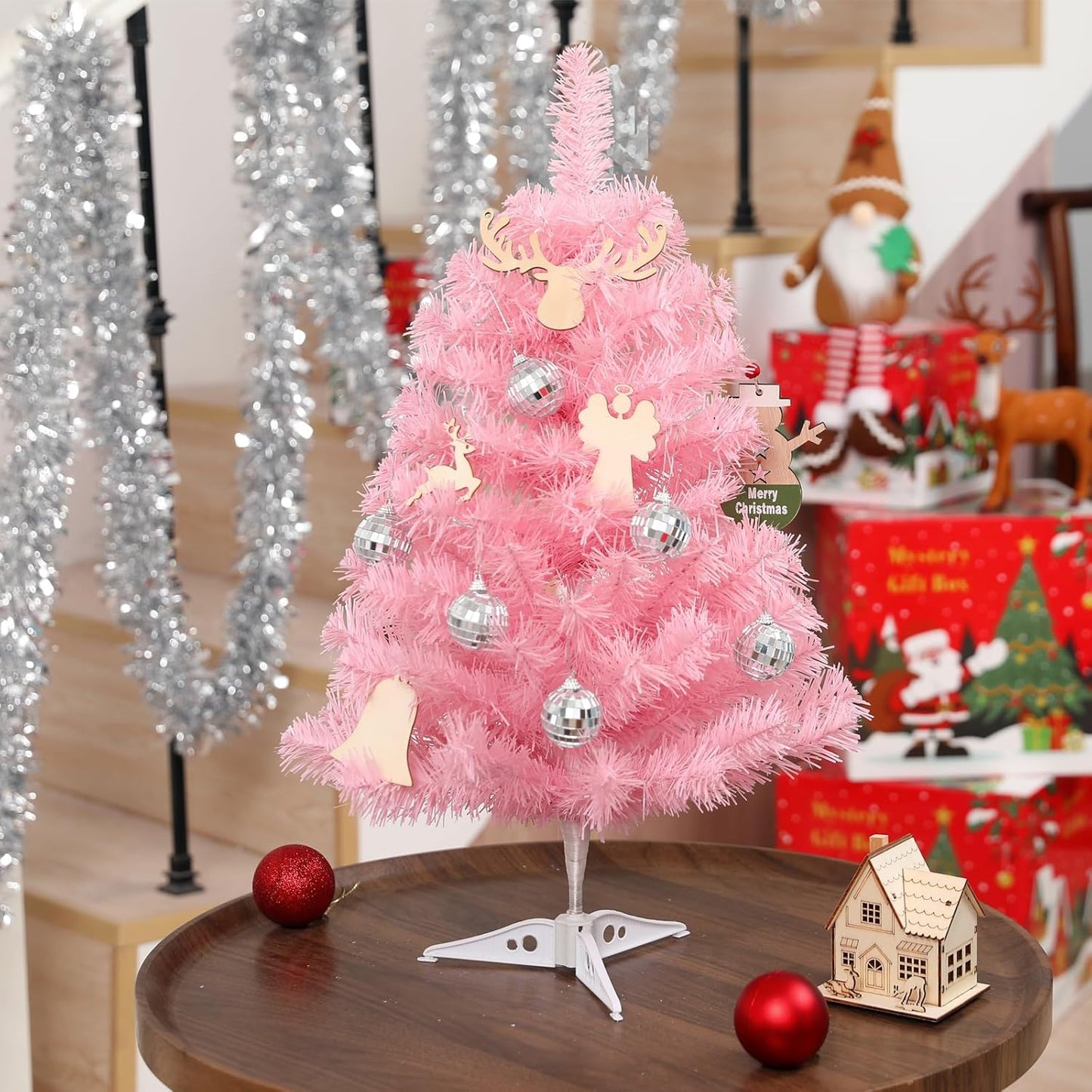 2FT Artificial Christmas Tree Pink Tabletop Christmas Tree with Plastic Stand Mini Xmas Pine Tree for Party Supplies Indoor Outdoor Holiday Home Decoration