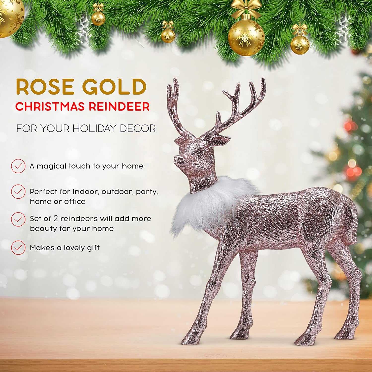 Rose Glitter Christmas Reindeer - Xmas Holiday Party Deer Figurine Statues Dinner Tabletop Decorations Centerpiece Mantle - 12" Pack of 2
