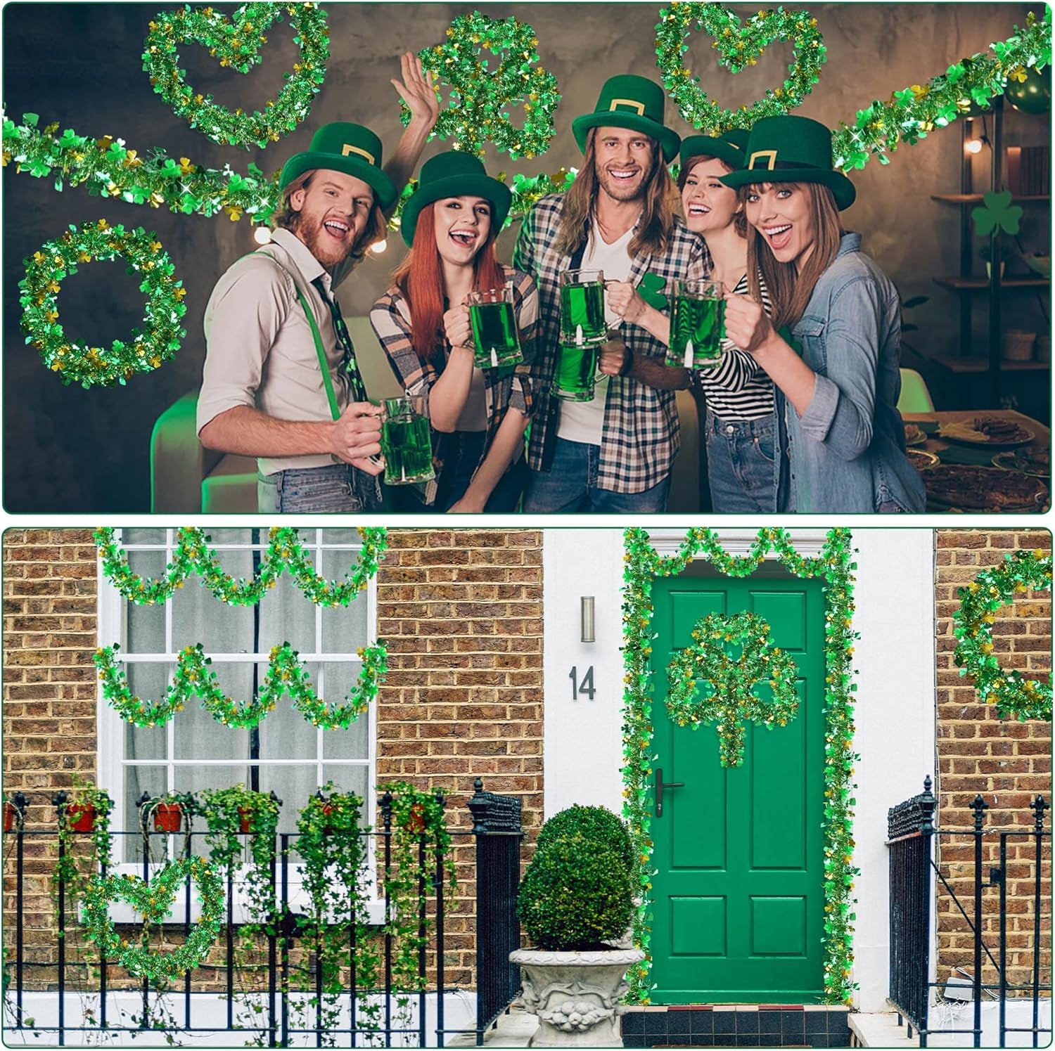 33 FT St Patricks Day Garland Decor Gold Green Shamrock Hat Tinsel Garland, Shiny Metallic Streamer Twist Garland Hanging St Patricks Day Decorations for Home Indoor Outdoor Irish Party Supplies