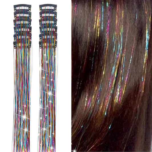 12Pcs Hair Tinsel Clip in 19.6Inch Glitter Tinsel Hair Extensions Clip in Hair Tinsel Kit Heat Resistant Shiny Sparkle Fairy Hair Accessories for Women Girls Kids (Mixed Color)