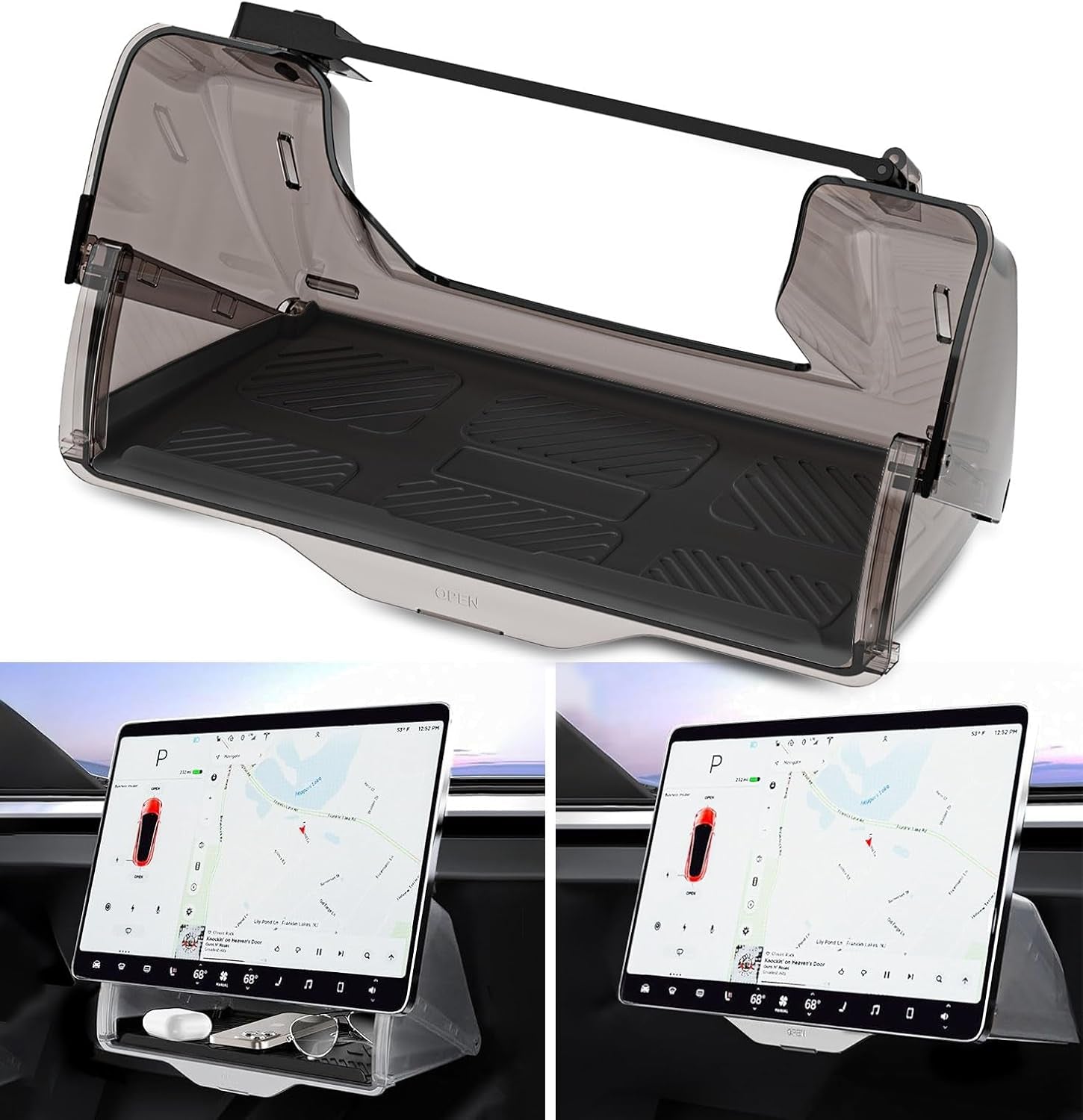 under Screen Storage for Tesla Model 3 Model Y 2016-2024, Open and Close Hidable Center Console Organizer Tray with Anti-Slip Silicone Pad for Tesla Model 3 Model Y Interior Accessories, Black