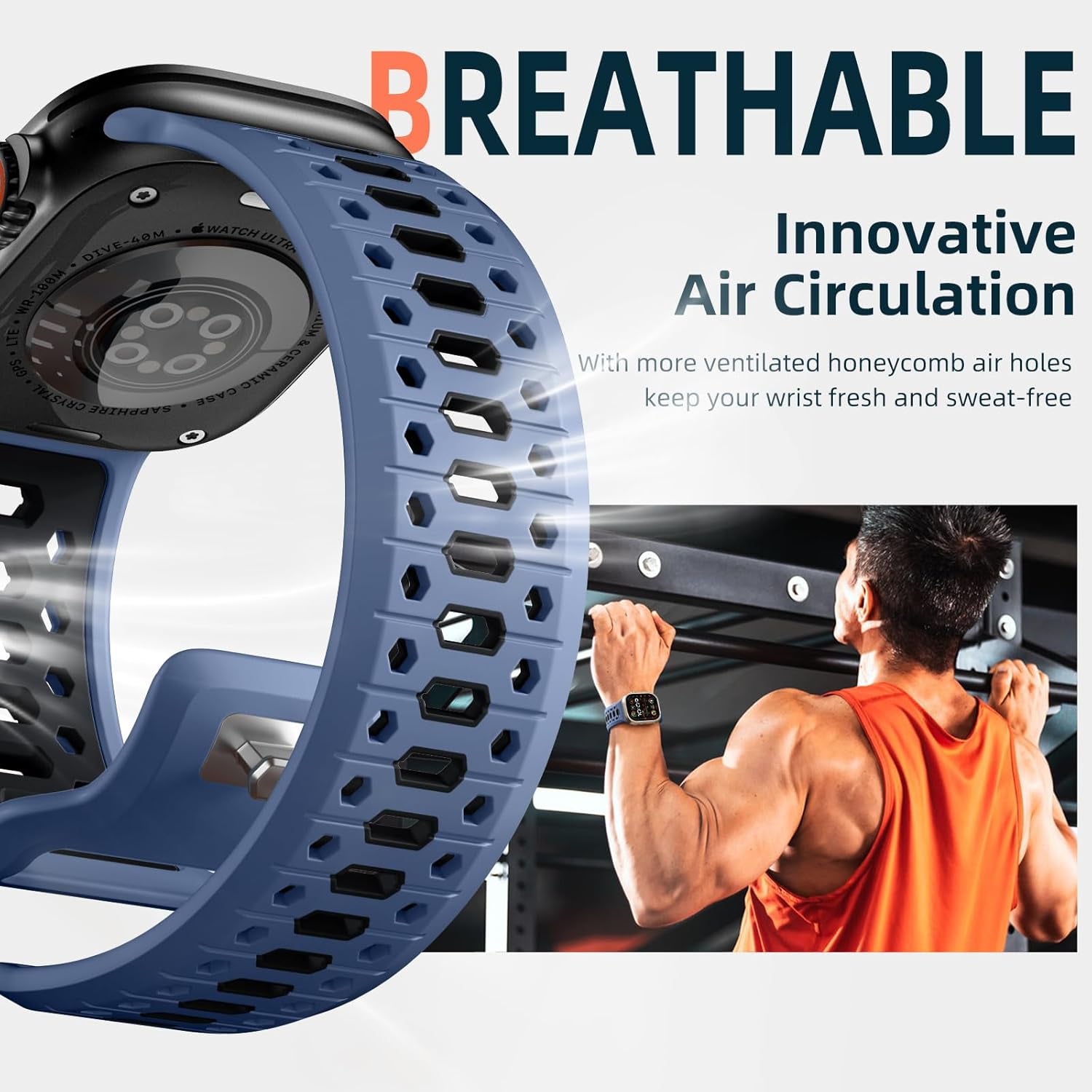 Blue Gray & Black 26MM Width Breathable Silicone Sport Band Compatible with 49Mm Apple Watch Ultra 2/1, 46Mm Series 10, 45Mm Series 9 8 7, 44Mm Series 6 5 4 SE 2/1, 42Mm Series 3 2 1