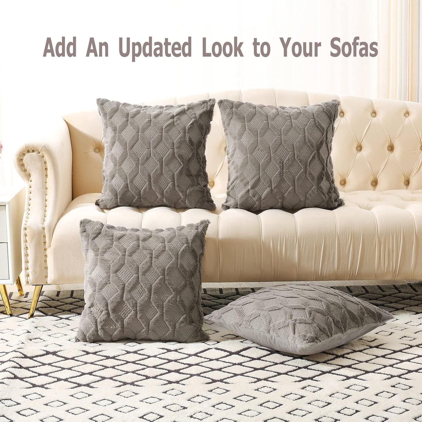 Pack of 2 Faux Wool Throw Pillow Covers 20X20 Inches Decorative Farmhouse Velvet Couch Pillow Case Soft Plush Square Boho Cushion Pillowcase, Dark Grey