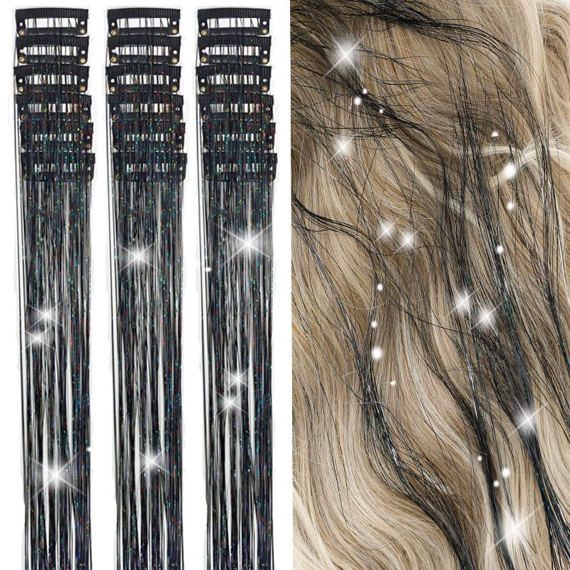 Hair Tinsel Kit Pack of 18 Pcs Hair Tinsel Clip in 19.6Inch Glitter Tinsel Hair Extensions Heat Resistant Clip in Hair Tinsel Sparkle Fairy Hair Accessories for Kids Girls Women (Black)