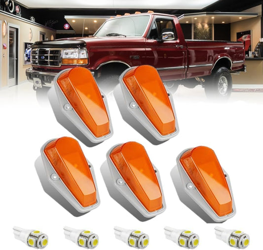 5 X Cab Roof Marker Lights Amber Lens White LED Compatible with 1973-1997 Ford F-150 F-250 F-350 F Series Pickup Super Duty Trucks, Cab Roof Running Lights, Accessories Light W/Wiring Pack