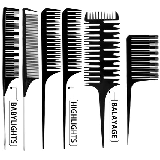 Weaving, Sectioning, Styling, and Hair Dyeing Combs - 6 Piece Set with Rat Tail Design for Foiling and Balayage Coloring (Various Styles)