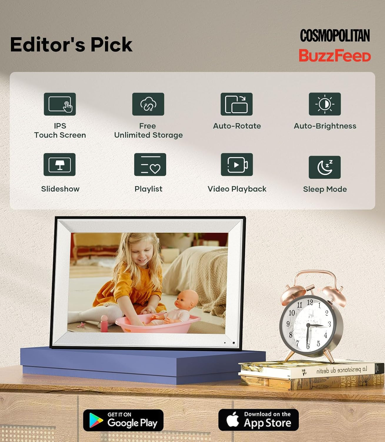 Digital Picture Frame Wifi Battery Powered Free Unlimited Storage Ai-Powered Send Pictures via Google Photos Email Web Browser App Digital Photo Frame Electronic Picture Frame Slideshow 10.1"