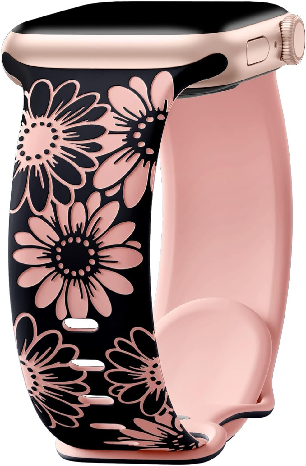 Floral Engraved Band Compatible with Apple Watch Band 40Mm 38Mm 41Mm 42Mm 44Mm 45Mm 49Mm, Soft Silicone Cute Two-Tone Flower Sport Strap for Iwatch Bands Women Series 9 8 7 6 5 4 3 2 1 SE Ultra Ultra 2