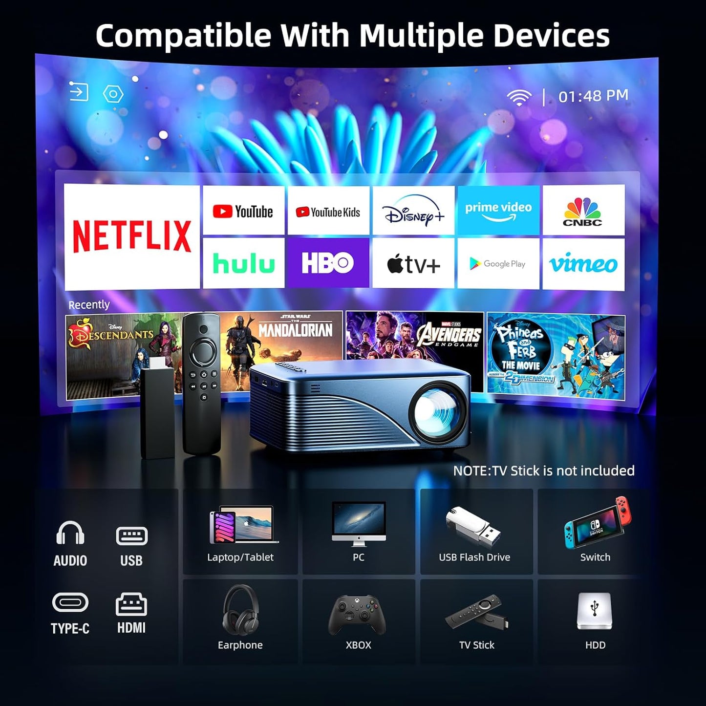 Mini Projector,  Wifi Projector Portable Movie Projector, Outdoor Projector with Stylish Streamlined Design, Easy Connection to Smartphones and Tablets