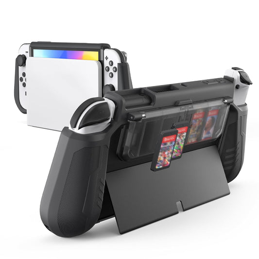 Switch OLED Case with Flip Design Game Storage,  Dockable Protective Case for Nintendo Switch OLED 2021, TPU Grip Portable Cover for 7 Inch and Joy-Con Controller, Black