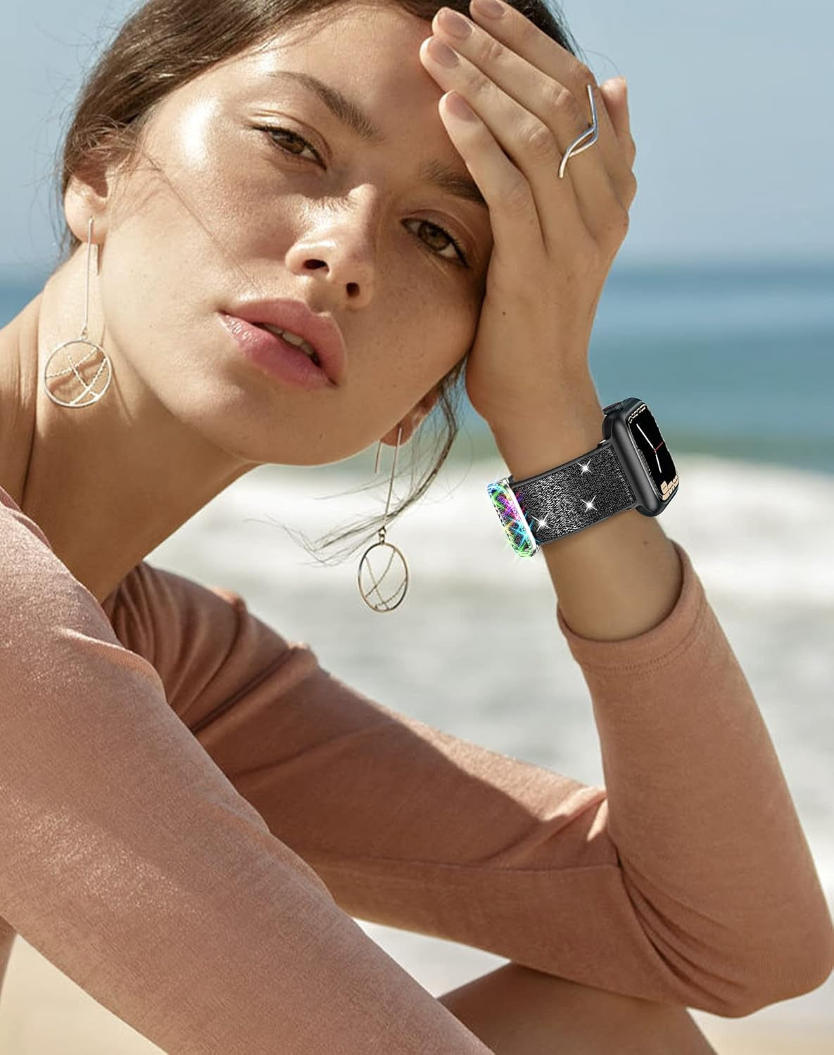 Waterproof Case and Glitter Stretchy Bands Compatible with Apple Watch Series 10 46Mm