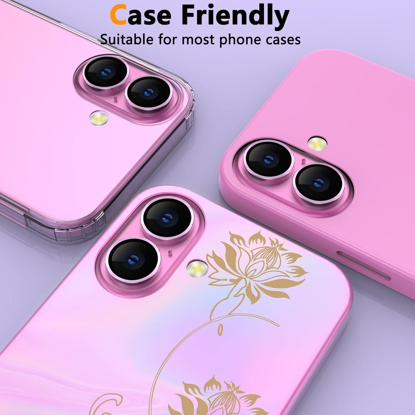 for Iphone 16 Plus/Iphone 16 Camera Lens Protector, Individual anti Scratch Metal Ring Tempered Glass Camera Screen Protector for Iphone 16 Accessories, Case Friendly (Pink)