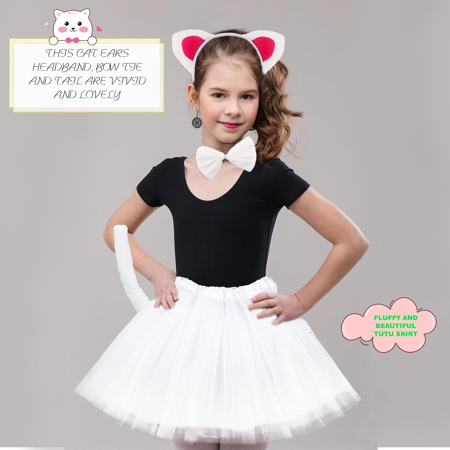 10 Pieces Kids Cat Costume White Cat Cosplay Cat Ear Headband Tail Bowtie Paws and Tutu for Halloween Dress up Party Supplies