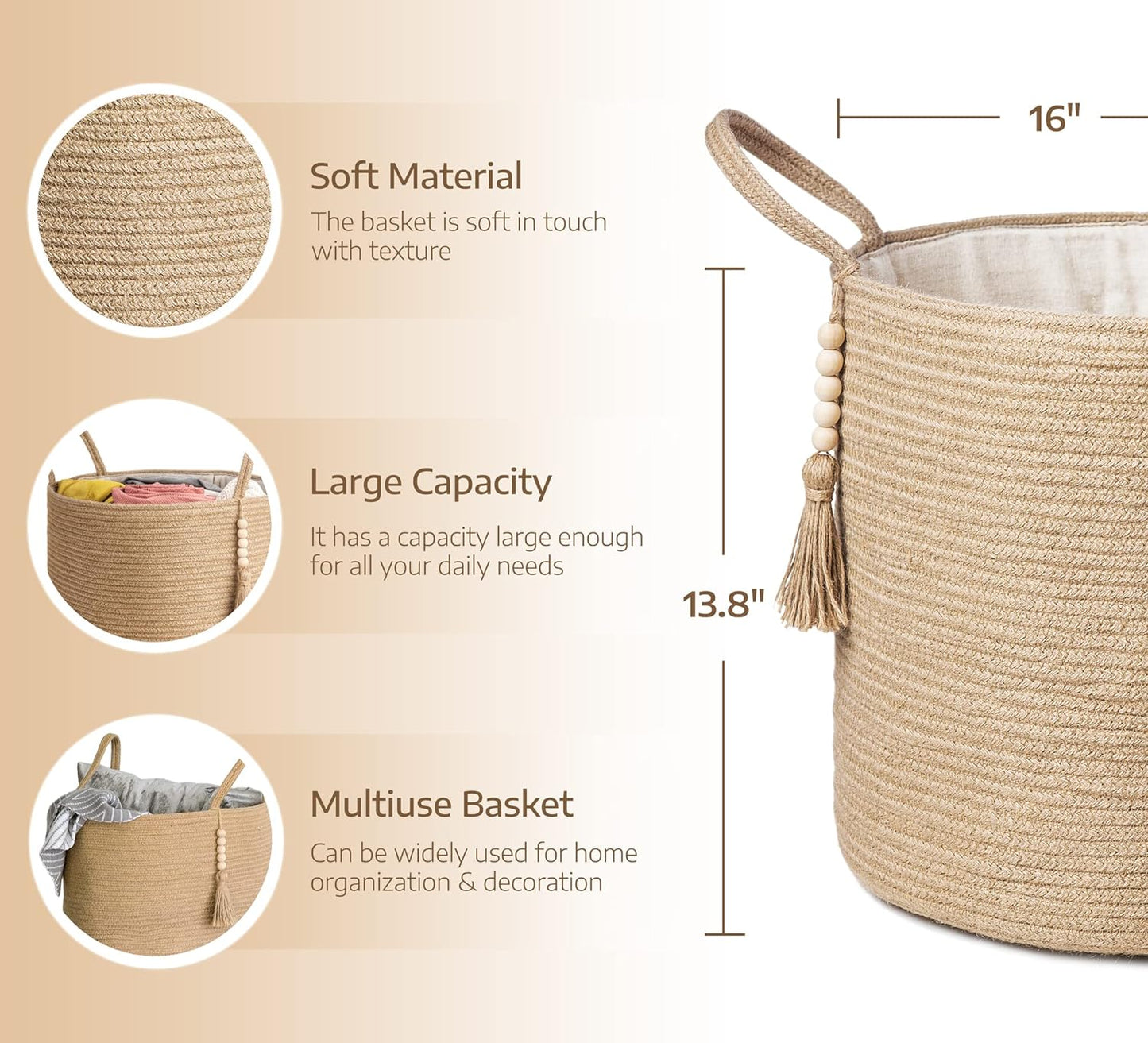 Woven Storage Basket Decorative Natural Rope Basket Wooden Bead Decoration for Blankets,Toys,Clothes,Shoes,Plant Organizer Bin with Handles Living Room Home Decor, Jute, 16" W × 13.8"L