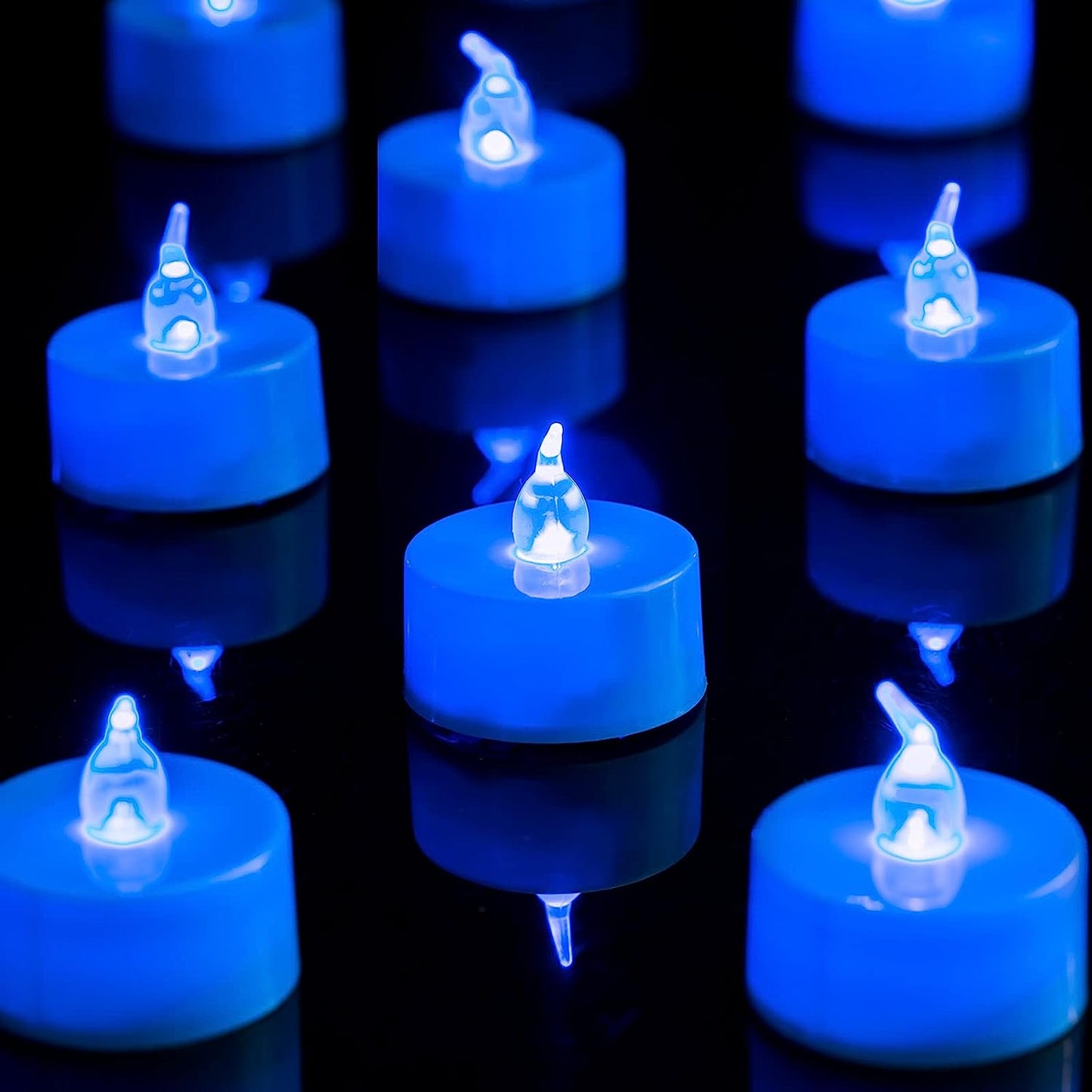 24 Pack LED Tea Lights Candles – Flickering Blue Flameless Tealight Candle – Long Lasting Battery Operated Fake Candles – Decoration for Halloween and Christmas (Blue - 24Pcs)