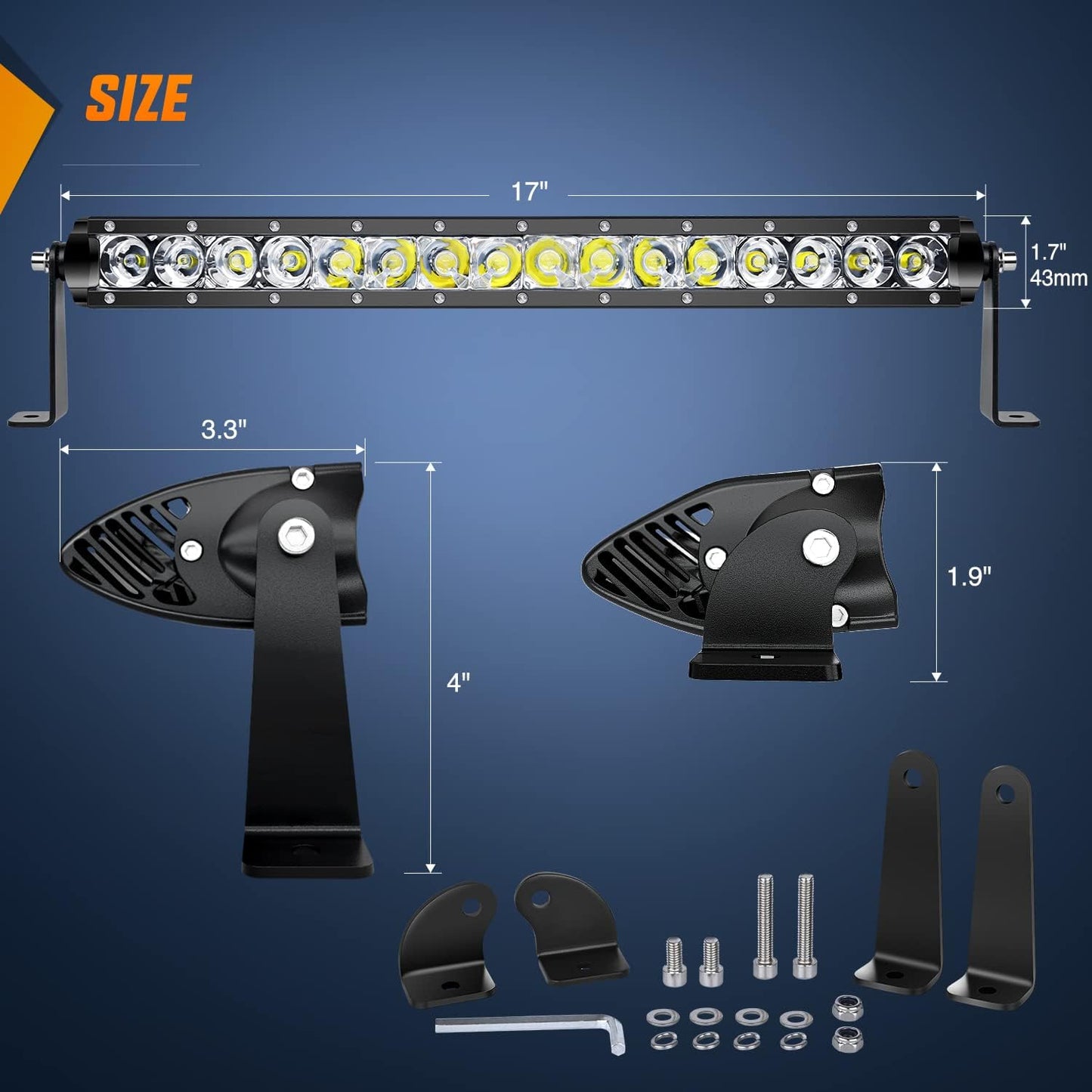 - NI04-100W 17" 80W LED Work Light Single Row Spot Flood Combo LED Light Bar Driving Lights Offroad Lighting - 2 Style Mounting Brackets,2 Years Warranty