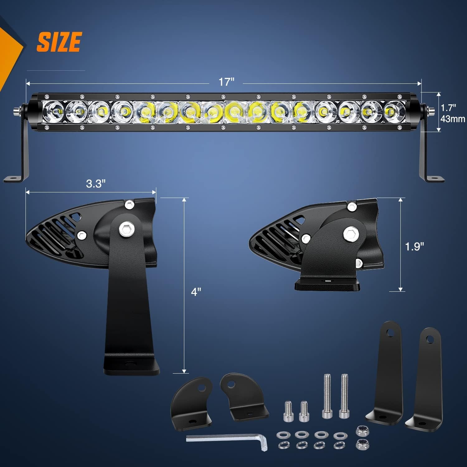- NI04-100W 17" 80W LED Work Light Single Row Spot Flood Combo LED Light Bar Driving Lights Offroad Lighting - 2 Style Mounting Brackets,2 Years Warranty