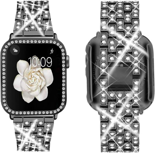 Compatible with Apple Watch Band 38Mm 40Mm 41Mm 42Mm 44Mm 45Mm 49Mm+ Case, Women Jewelry Bling Diamond Rhinestone Replacement Metal Strap& 2 Pack PC Protector Case for Iwatch Ultra 2/ Ultra Series 9/8/7/6/5/4/3/2/1/SE