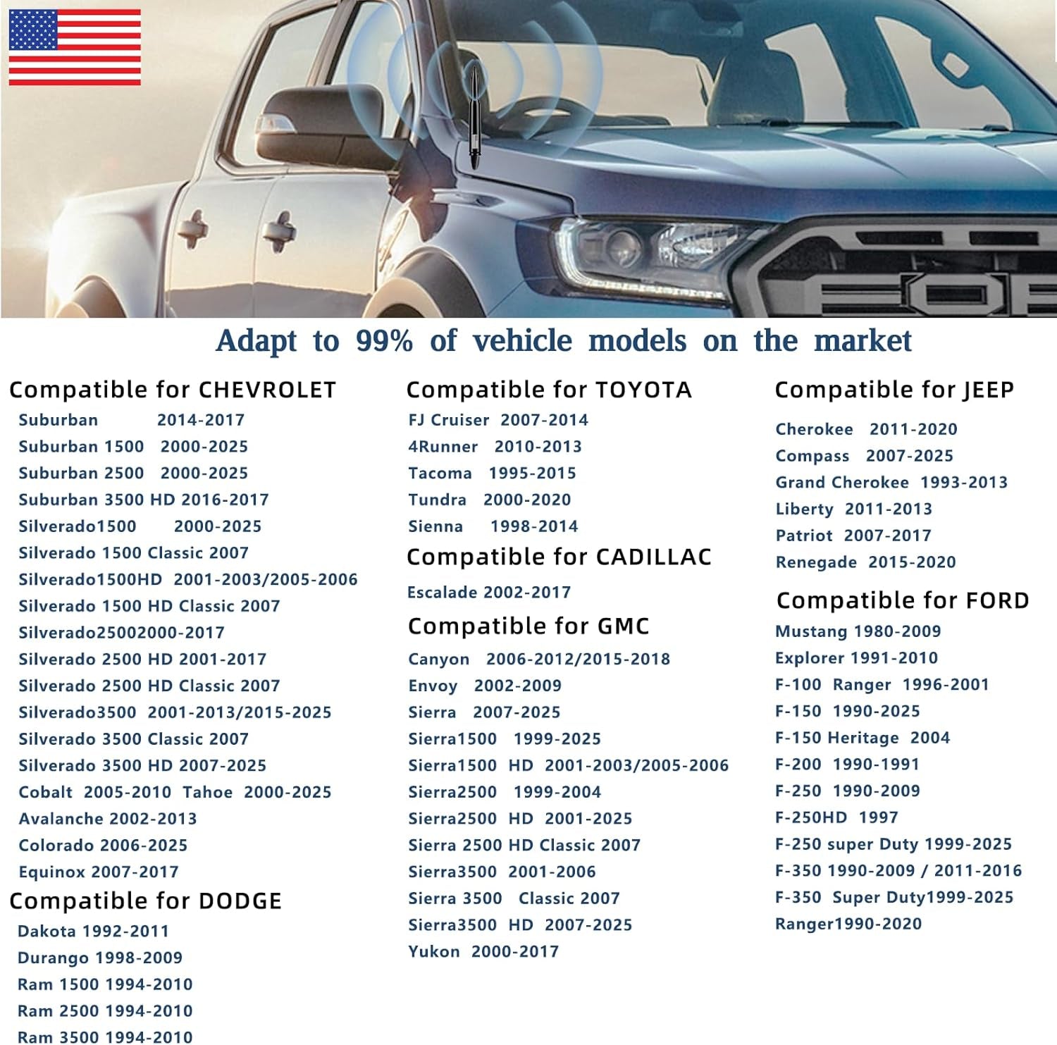 American Flag Car Truck Antenna with Valve Stem Caps, Universal Mast for GM Chevy Silverado 1500 2500 3500 HD Avalanche Ford F150 F250 F350 Denali Heavy Duty Pickup Trucks Accessories (Black)