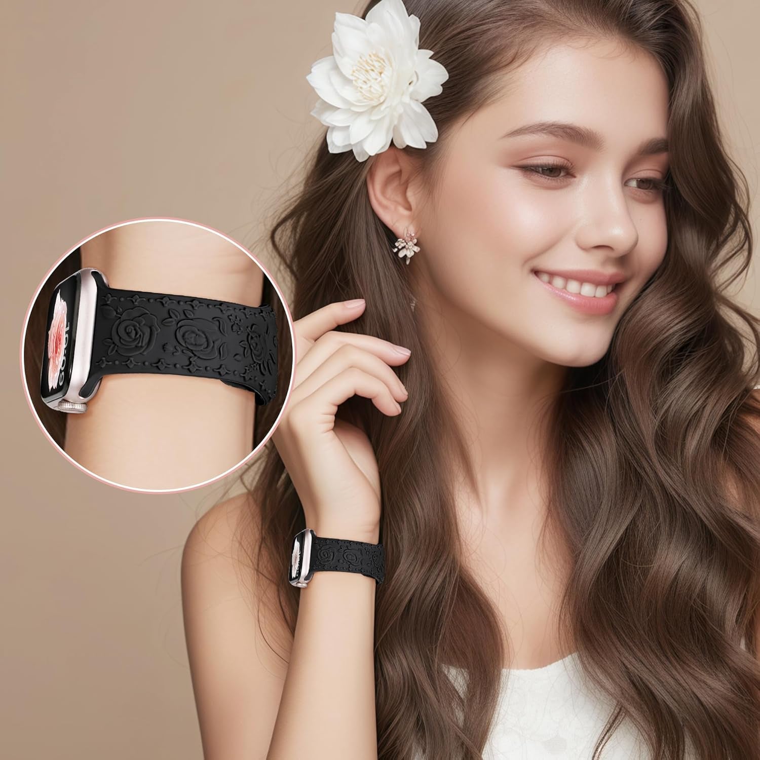 2 Pack Floral Silicone Band for Apple Watch Bands 46Mm 45Mm 44Mm 42Mm(S3) Iwatch Bands Series 10 9 8 7 SE 6 5 4 3 for Women, Cute Fancy Dressy Engraved Strap
