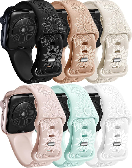 6 Pack Reflective Sunflower Engraved Apple Watch Bands Compatible with 38Mm 40Mm 41Mm 42Mm 44Mm 45Mm 49Mm.Women Men Soft Silicone Waterproof Sport Strap for Iwatch Series 9 8 7 6 5 4 3 SE Ultra 2 1