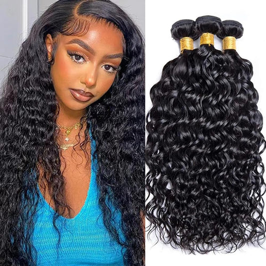 Water Wave Bundles Human Hair 16 18 20 Inch Deep Wave Bundles 10A Brazilian 100% Unprocessed Virgin Human Hair Wet and Wavy Bundles Double Weft Water Curly Weave 3 Bundles Natural Black