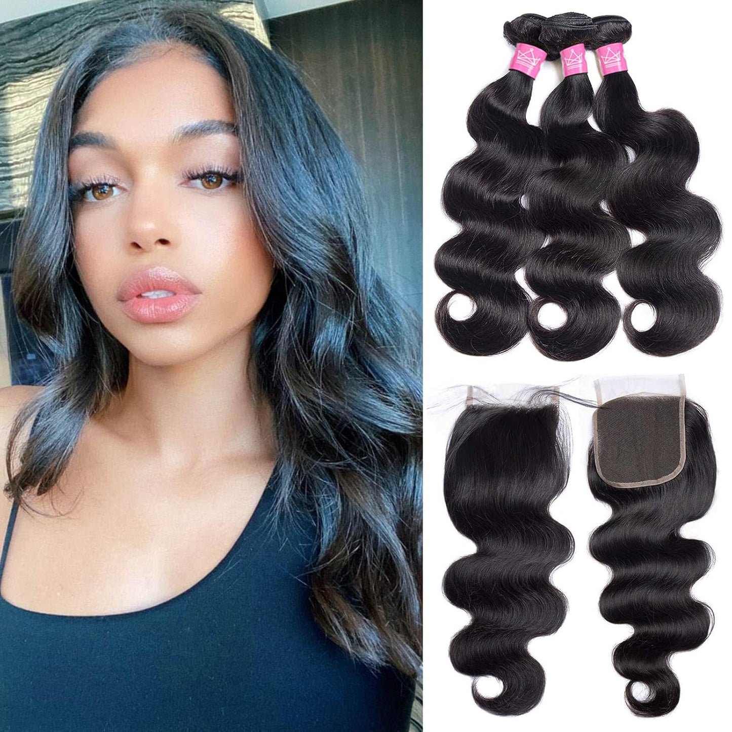 12A Bundles with Closure Human Hair Bundles Unprocessed Weave 3 Bundles Brazilian Body Wave Human Hair Bundles with Closure with 4X4 Lace Closure Free Part Natural Color（14 16 18+14 Inches）