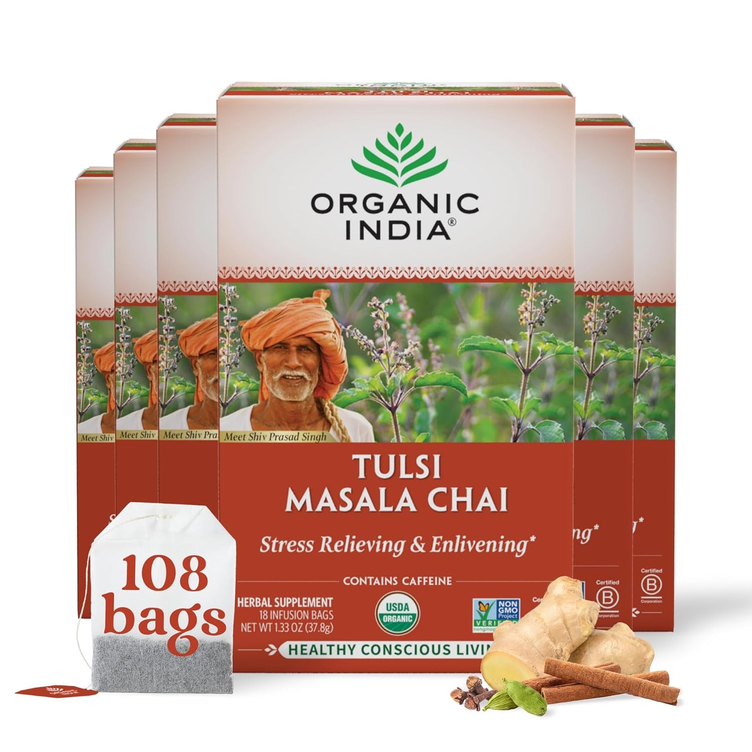 Tulsi Original Herbal Tea - Holy Basil and African Basil Calming and Stress Relief Tea, Immune Support, USDA Certified Organic, Non-Gmo, Caffeine-Free - 18 Infusion Bags, 6 Pack TLBH
