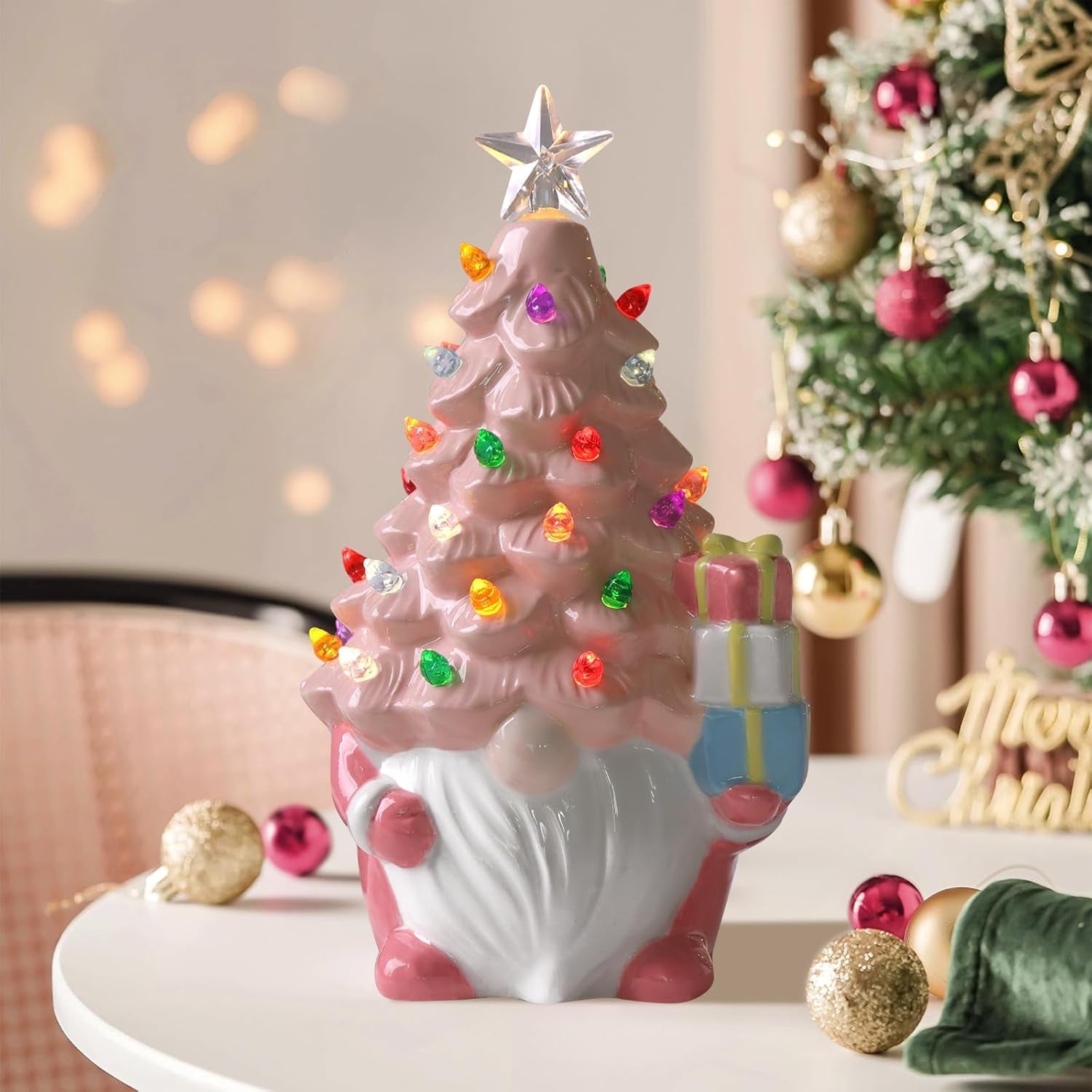 Ceramic Christmas Tree, Pink Christmas Decor Light-Up Ceramic Gnome with LED Battery Powered, Classic Christmas Decor for Home Shelf Cabinet Table, Home Display, Tabletop
