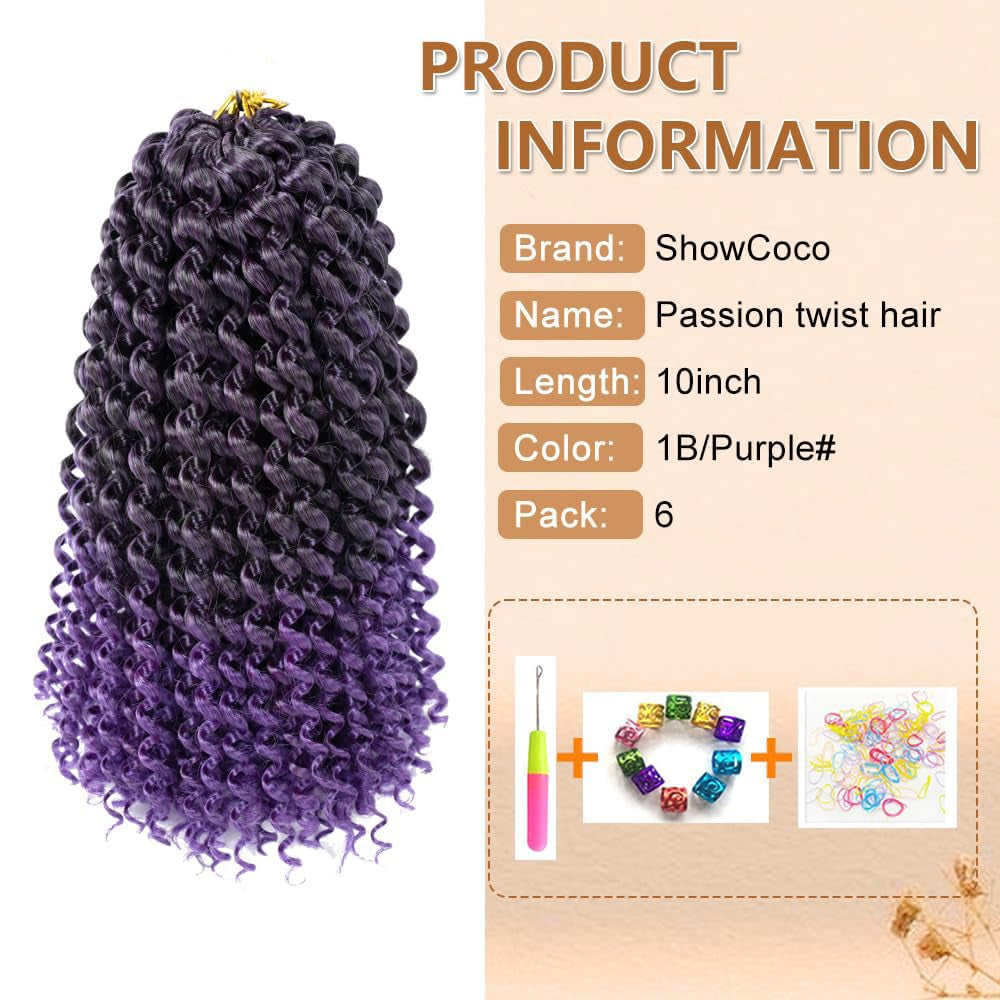 Passion Twist Hair 10 Inch Purple Water Wave Crochet Hair for 6 Packs Passion Twist Braiding Hair Bohemian Hair Braiding Passion Twist Braids Synthetic Hair Extensions (10 Inch, #1B/Purple)