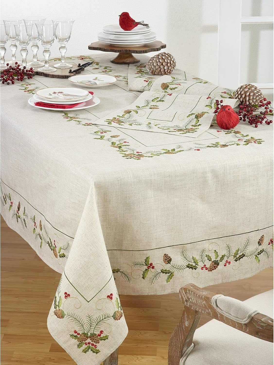 1851.N16108B Joyeuses Fêtes Collection Embroidered Pinecone and Holly Table Runner, 16" X 108", Natural