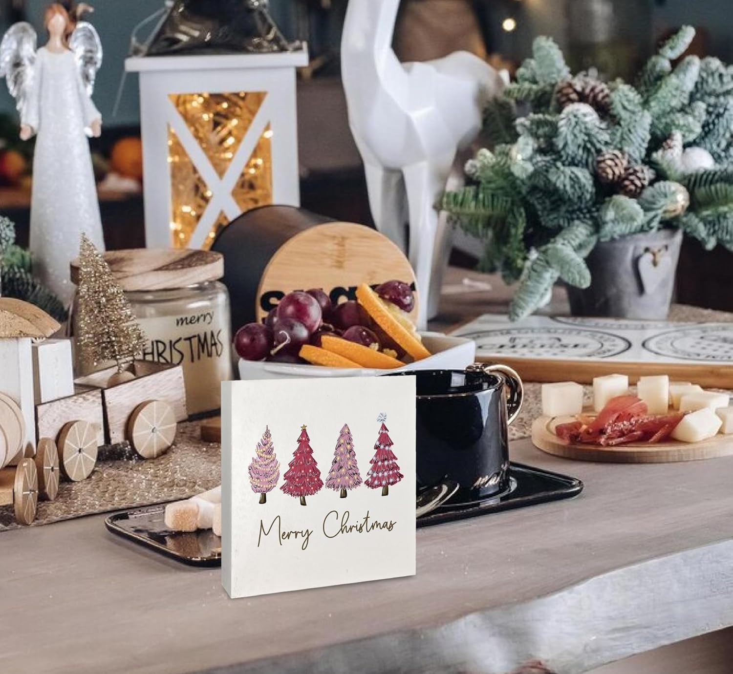 Pink Christmas Sign,Pink Christmas Decorations,Christmas Tree Merry Christmas Sign,Christmas Sign Wood Plaque,Merry Christmas Sign for Table,Christmas Signs for Home Decor